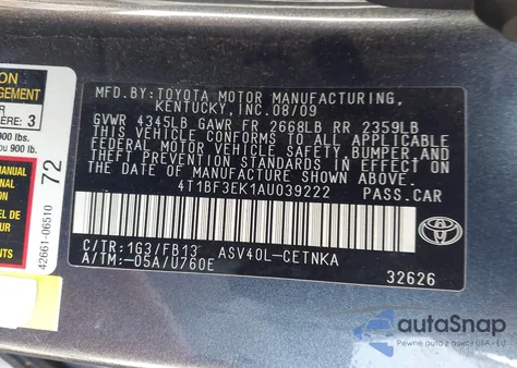 2010 Toyota Camry Le из США, поврежденный, VIN 4T1BF3EK1AU039222